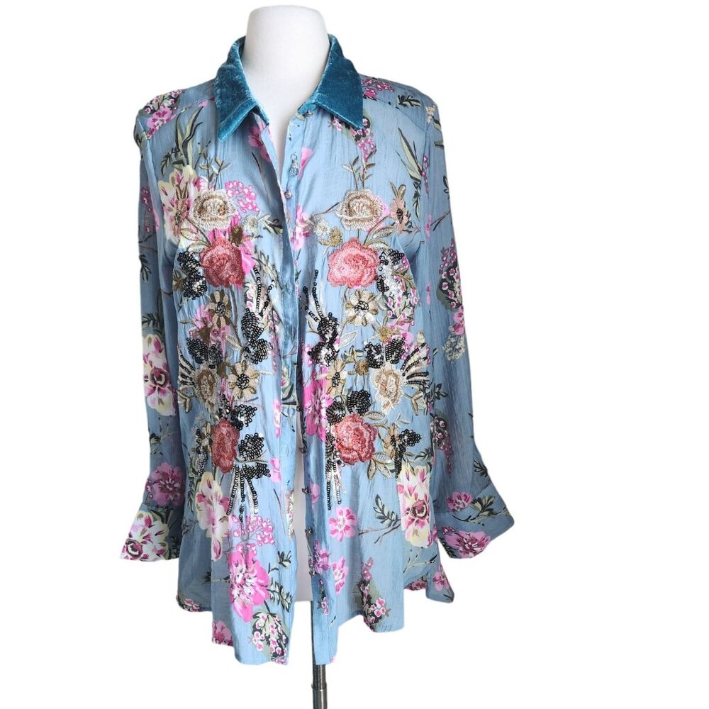 Anthropologie Aratta Silent Journey Countess Margaret Shirt Sz M Beaded Velvet